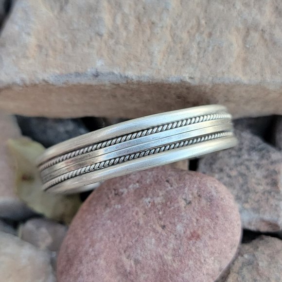 Native American smooth band + rope border + split band five shank 925 sterling - Picture 4 of 13